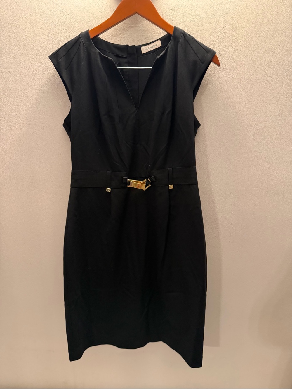 Calvin Klein Black Sleeveless Sheath Dress with Gold Buckle